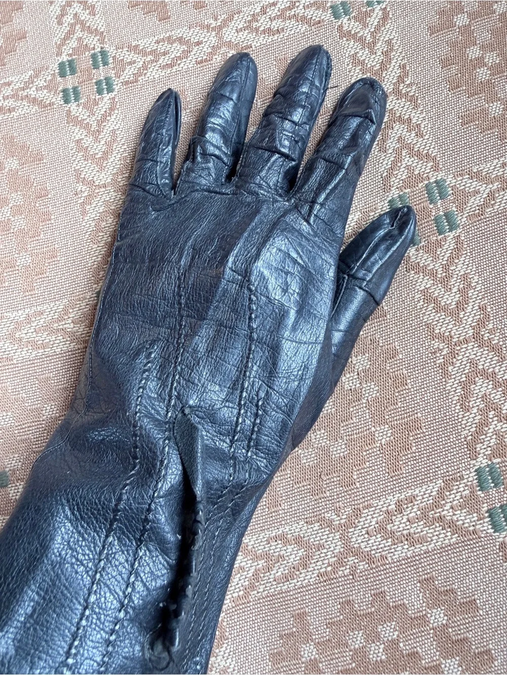 Vintage Black Unlined Leather Gauntlet Gloves | Braided Detail | Women’s